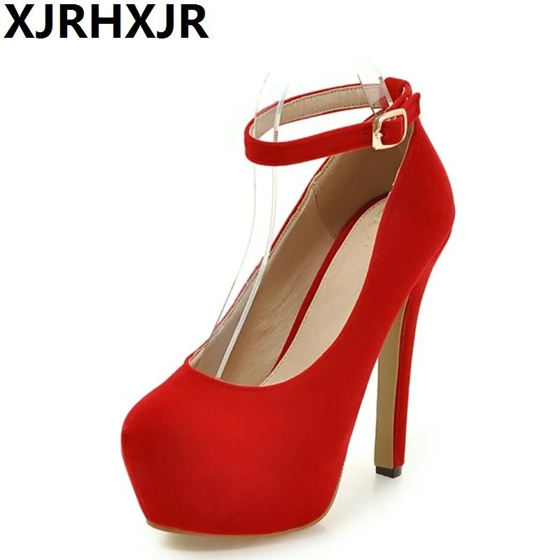 

XJRHXJR 13cm Women Pumps Red Black Round Toe Thin High Heel Bride Wedding Platform Shoes Lady Sexy Heel Shoe Big Size 32-43