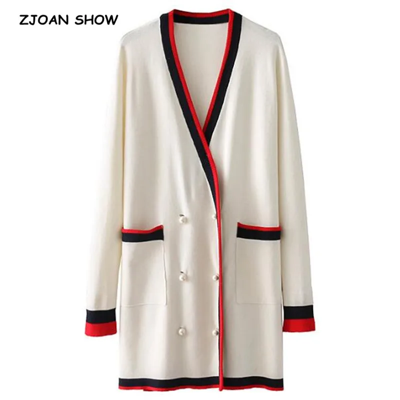 #^Special Price Office Lady V Neck Contrast Color Pearl Mid Long Sweater Retro Women Double Pockets Cardigan Knitwear Jumper kleding femme #^Special Price Office Lady V Neck Contrast Color Pearl Mid Long Sweater Retro Women Double Pockets Cardigan Knitwear Jumper kleding femme