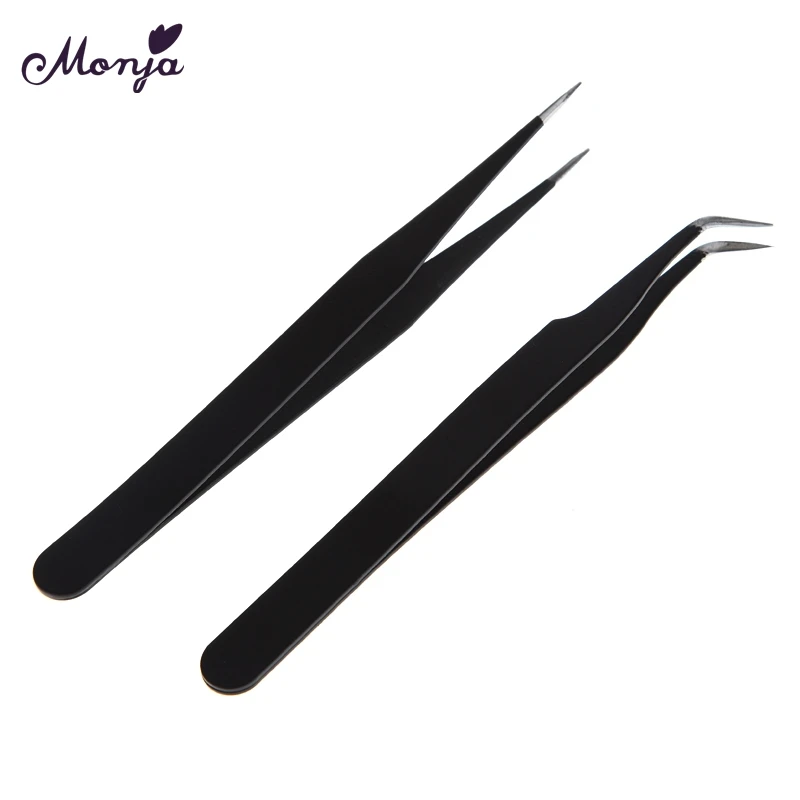 

Monja 2pcs Black Nail Art Rhinestones Beads Gems Straight Curved Tweezers Nipper Picking Dotting Manicure Tool