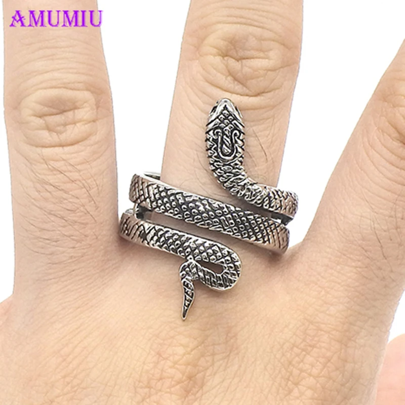 

AMUMIU Fashion Snake Rings For Women Color Silver Heavy Metal Punk Rock Ring Vintage Animal Jewelry Wholesale R027