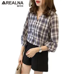 2018 Осень рубашка в клетку офисная блузка женские топы Фонари рукавом v-образным вырезом свободные рубашки корейская модная одежда blusas