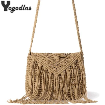 

Straw Rattan Women Bag Summer Cotton Rope Hollow Tassel Knitting Net Flap Bag Chic Handbag Lady Messenger Tote Bags Bolsas