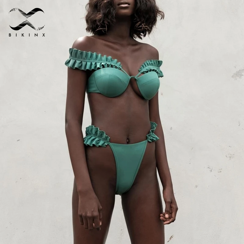 Женский купальный костюм Bikinx зеленый купальник с оборками пуш ап бикини 2019| |
