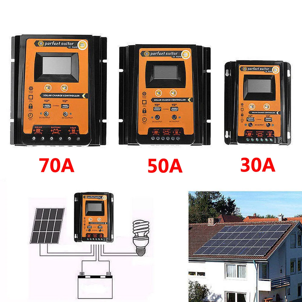 

PWM Solar Charge Controller 30/50/70A MPPT Controller Protection Board charge Dual USB Solar Panel Battery Regulator LCD Display