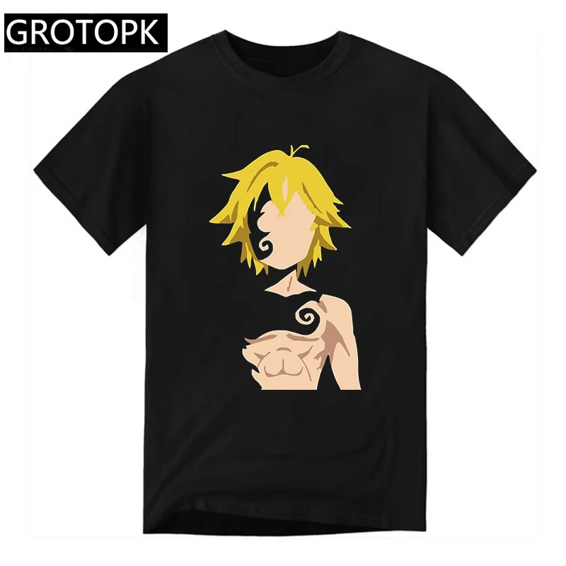 Футболка Meliodas Seven Deadly Sins, летняя мужская Черная футболка, Harajuku, уличная Мужская одежда, аниме, короткий рукав, хлопковая рубашка