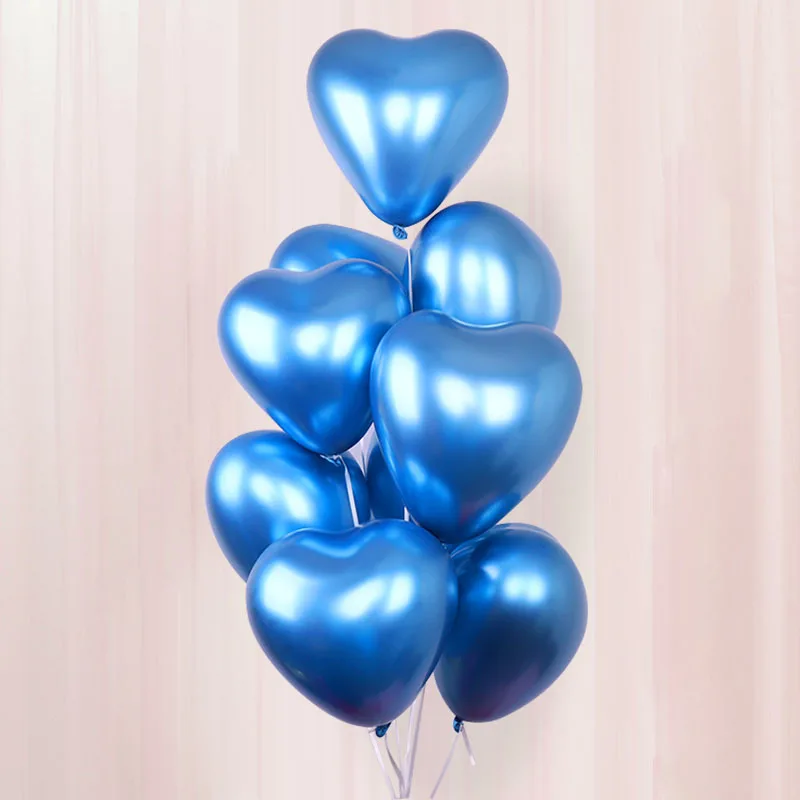 10pcs/lot 12inch Heart Glossy Metal Latex Balloons Thick Metallic Ballon Inflatable Air Globos Valentine's Day Party Decorations - Color: Blue