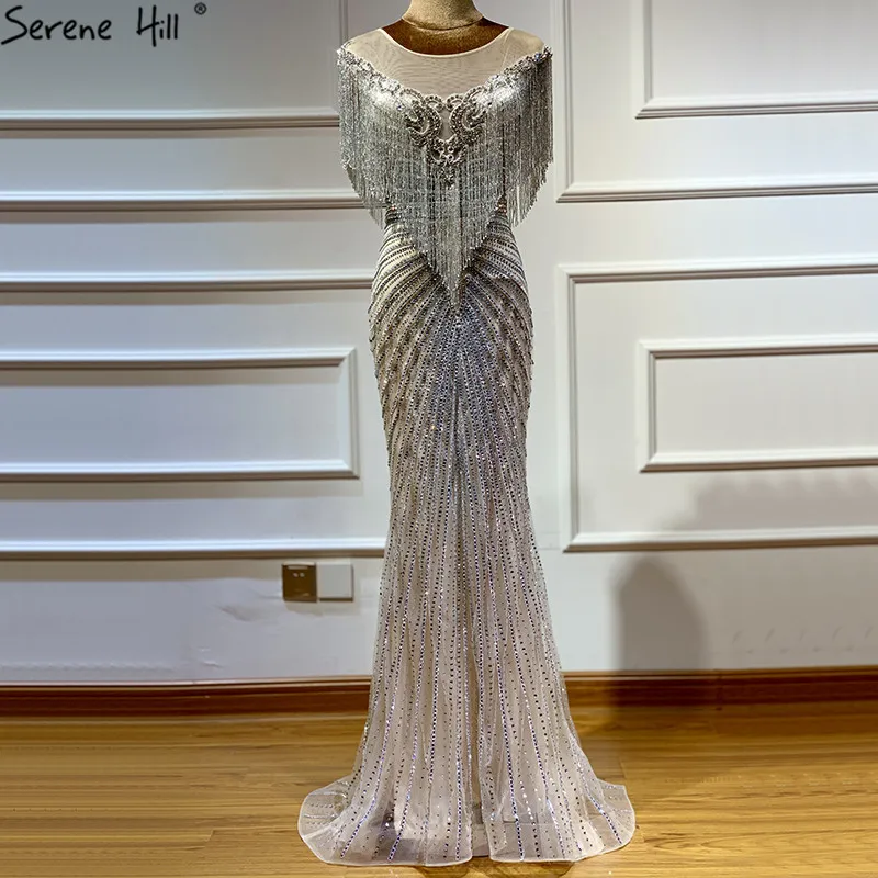 

Dubai Luxury Beading Tassel Sleeveless Evening Dresses 2019 Latest Design Silver Mermaid Evening Gowns Serene Hill BLA60847