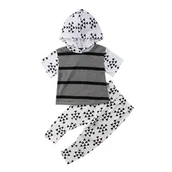 Повседневное новорожденного для маленьких мальчиков летняя одежда в полоску с капюшоном Топы И Футболки штаны с принтом Леггинсы 2018 новая