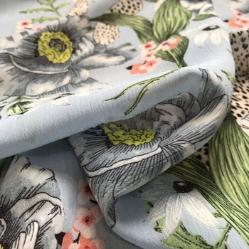 

Super Mei Brand Flower Beauty Leopard Summer New High Quality Shunyi Crepe Chiffon Printing Fabric Blue Light Permeable Dress Fa
