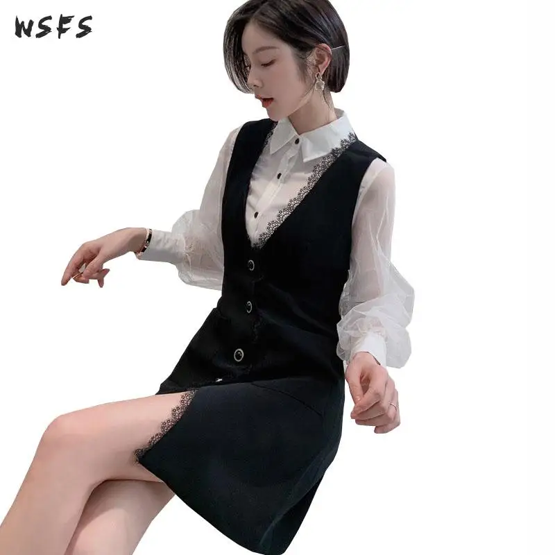 

2 Piece Sets Summer White Mesh Lantern Sleeve Shirts Tops Blouses Sexy Party Black Mini Dresses Sexy Party Womens Tank Dress