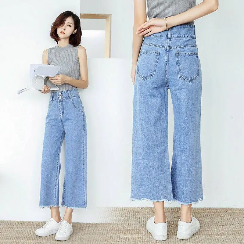2019 New Spring Women Blue Jeans For Women High Waisted Denim Boyfriend Flare Jeans Womens Female Wide Leg Pants Plus Size