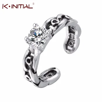 Kinitial West Style White Zircon 925 Thai Silver Color Open Chain Rings Wedding Jewelry for Women Finger Ring Bijoux