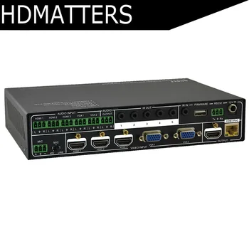 

VGA HDMI HDBaseT Switcher Scaler extender Switch & Scale 5-inputs to 2-outputs using HDBaseT & HDMI with RS232