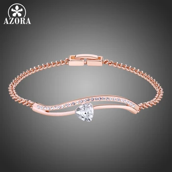 

AZORA Rose Gold Color Clear Heart Stone Chain Link Bracelet for Women Ladies Shining Clear Austrian Crystals Jewelry TS0197