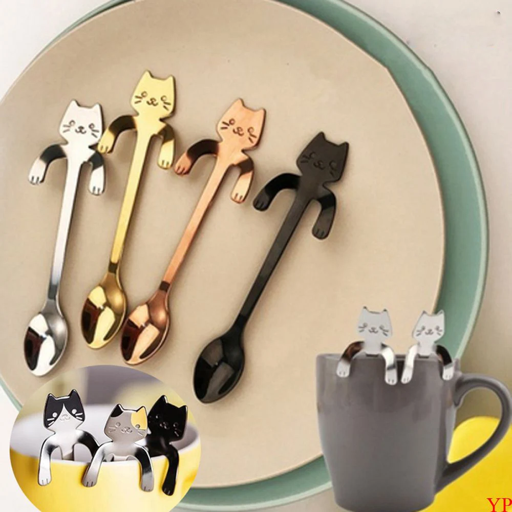 

New 1 pc Cute Cat Long Handle Hanging Spoon Coffee Milk Stainless Steel Spoon Flatware Kitchen Tools for Kids Gifts Home Living