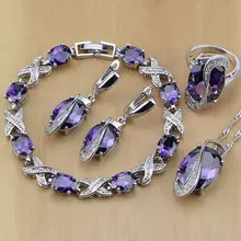 925 пробы серебряные свадебные ювелирные изделия фиолетовый циркон белый CZ Ювелирные наборы для женщин серьги/кулон/ожерелье/кольца/браслет