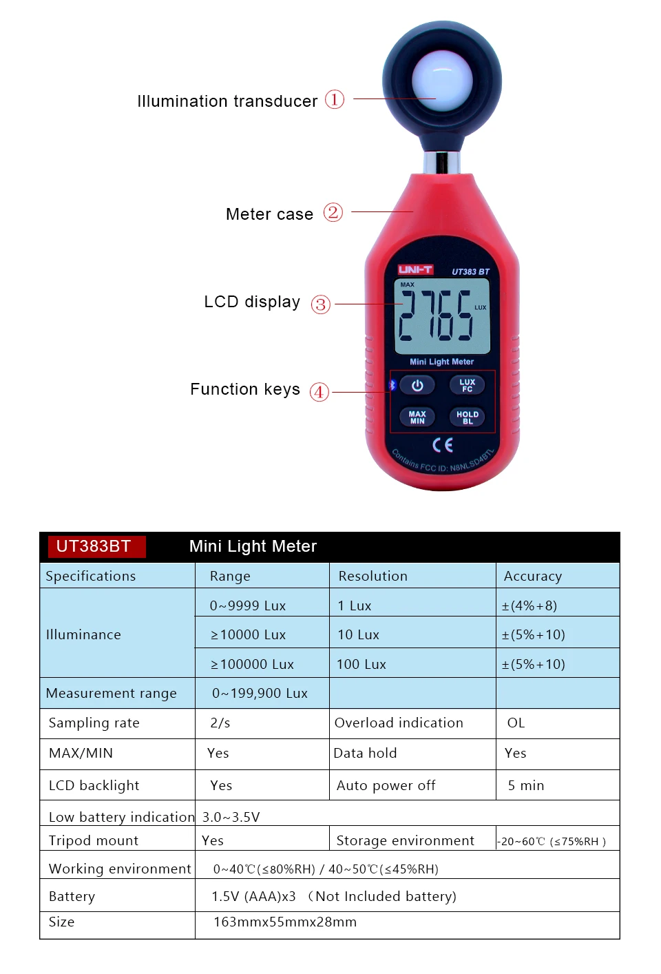 UNI-T UT383BT мини-измеритель освещенности, Цифровой Люксметр, Bluetooth светильник, оборудование для тестирования окружающей среды, люксметр
