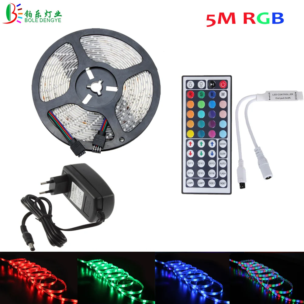 buy BOLE DENGYE 5M RGB LED Strip Kit Waterproof 2835 IP20 Fita Diode Tape 44 Key IR Remote RGB Controller DC12V 2A Adapter EU US