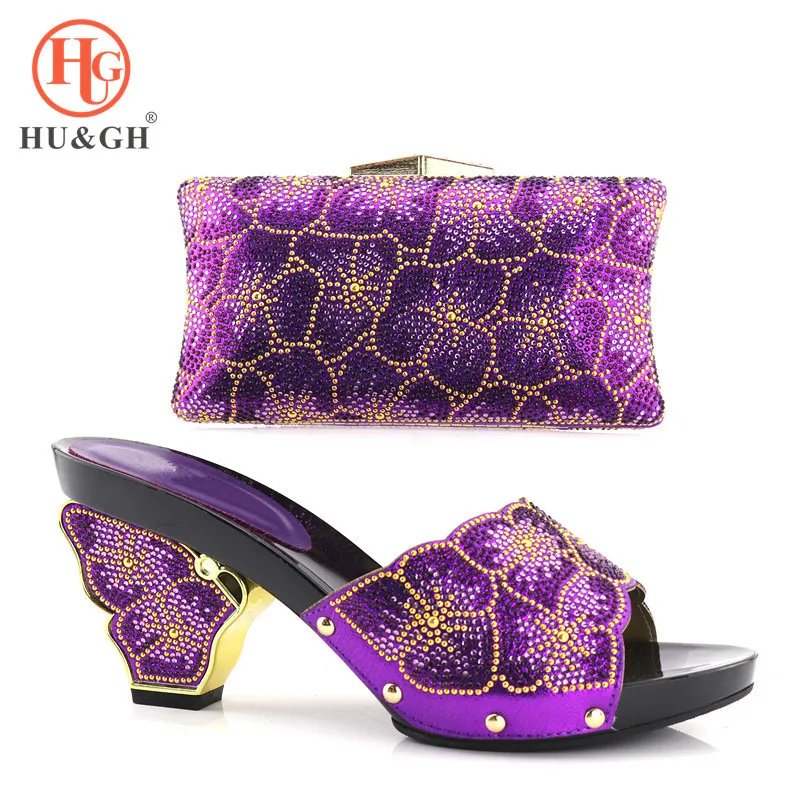 

2018 New Custom Handmade Purple Rhinestones Italian Shoes With Matching Bag Set Open Toe Wedding Shoes Women Shoes Dress Pumps