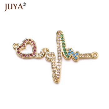 

High Quality Copper Metal Inlay Zircon Rhinestone Connectors Gold Color Heart Heartbeat/ Electrocardiogram Jewelry Accessories