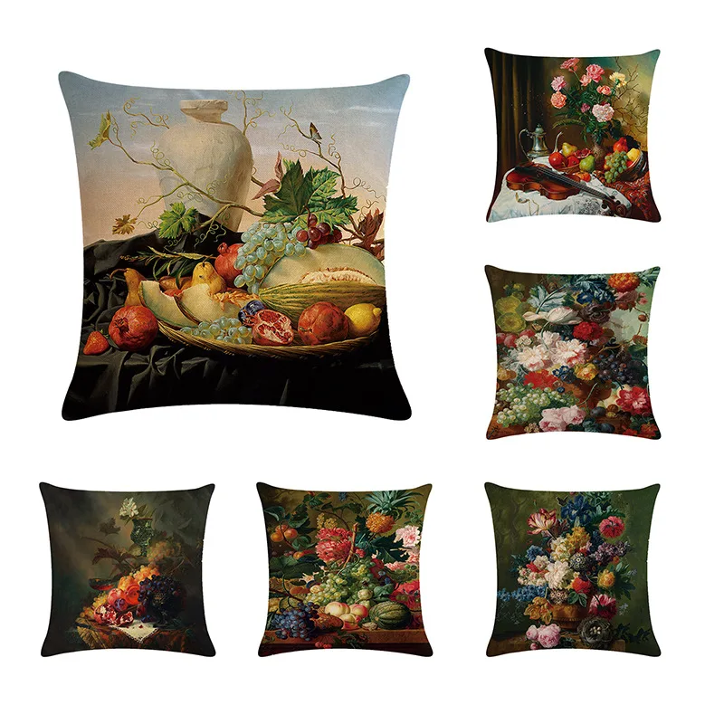 

Retro Oil Painting Cushion Cover Flowers Fruits Middle Ages Style Linen Decorative Pillowcase for Sofa Living Room Home Decor