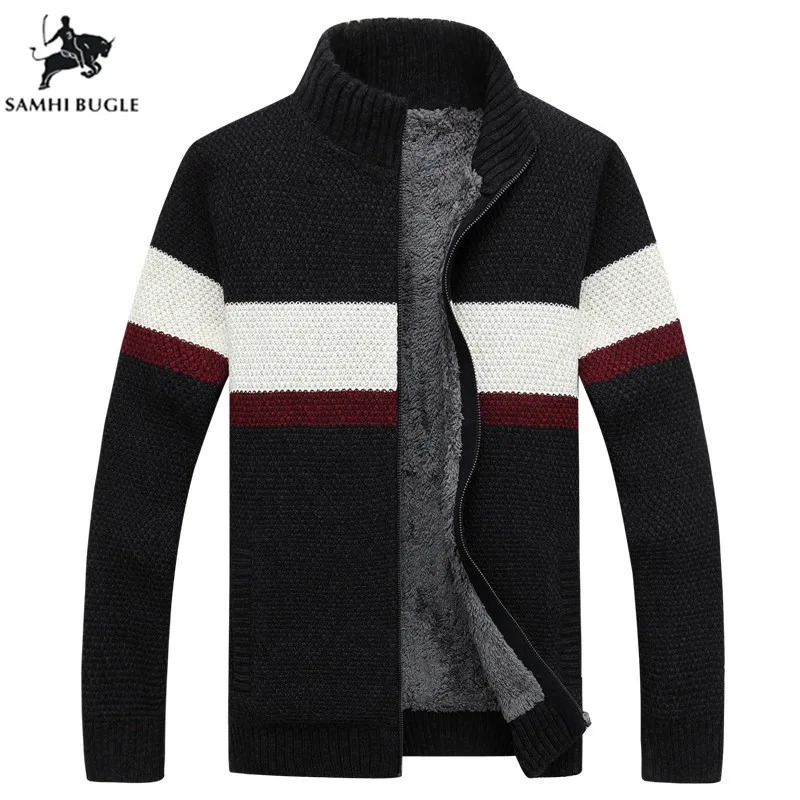 SAMHIBUGLE Brand Clothing Winter Sweater Men Striped Cotton Stand Collar Cardigan Men Thicken Wool Liner Coat XXXL SAMHIBUGLE Brand Clothing Winter Sweater Men Striped Cotton Stand Collar Cardigan Men Thicken Wool Liner Coat XXXL