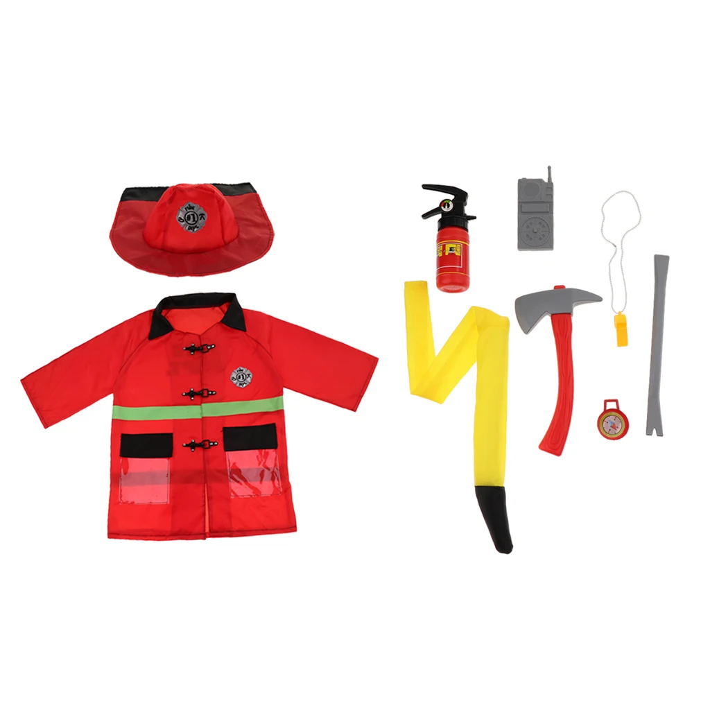 9PCS Clothes Hat Walkie-talkie Fireman Chief Dress-Up Uniform Cosplay Outfit For Children Role Playing