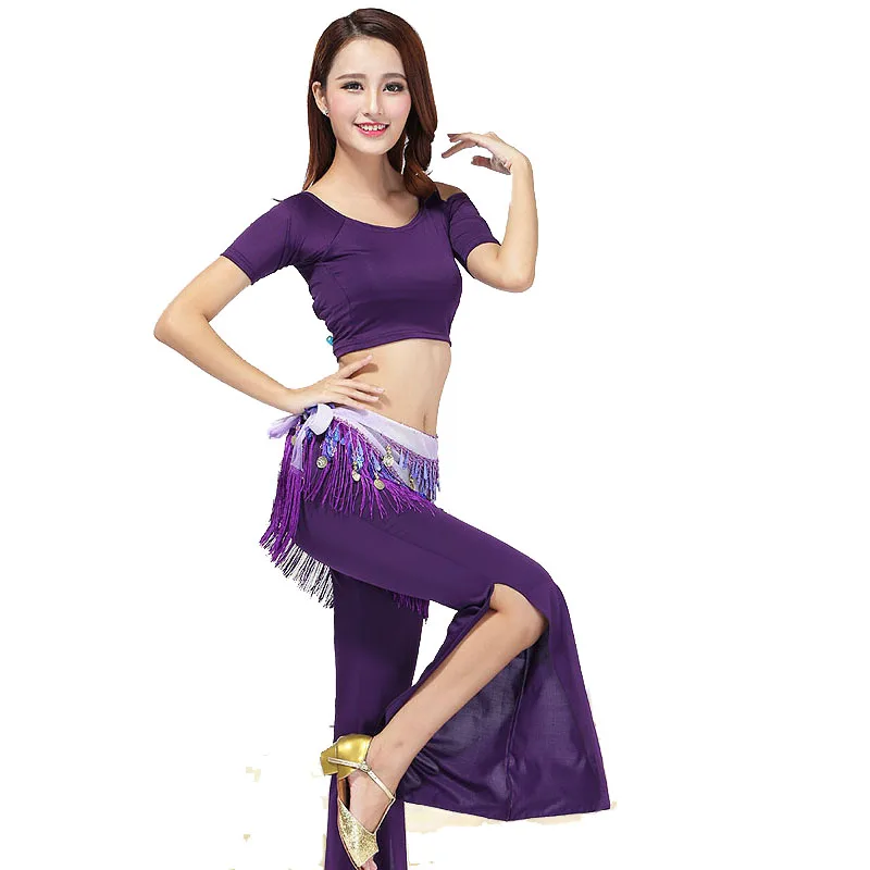 Восточный женский набор костюма для танца живота топ+ вилка брюки Профессиональная женская одежда для танца живота модальный танцевальный костюм сценическое представление - Цвет: purple