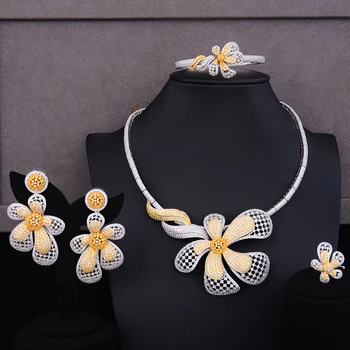 

SISCATHY 3 Colors Luxury Big Blooming Flowers Bridal Wedding Jewelry Sets Bangle Earrings Necklace Ring European Party Gifts