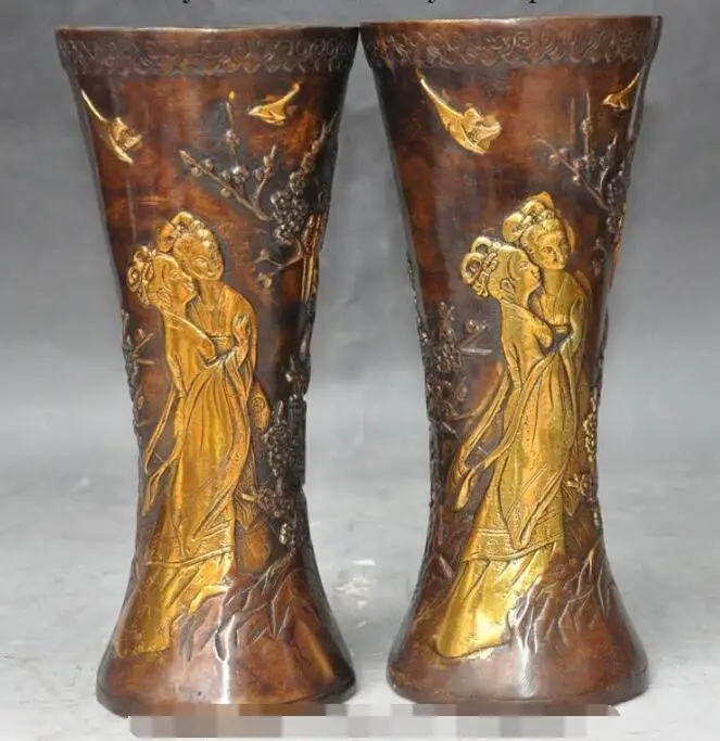 

S00559 Chinese Bronze Gilt belle Beauty Plum flower Magpie bird statue Bottle Pot Vase