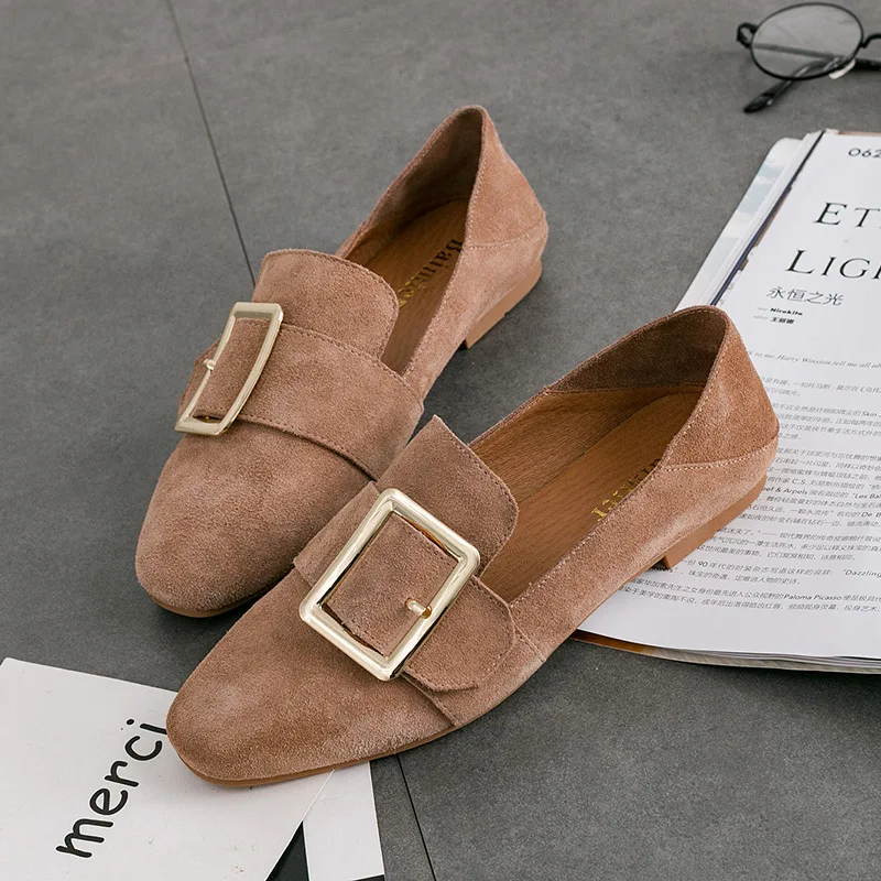 

Genuine Leather Moccasins Women Brand Metal Buckle Espadrilles Shoes Ladies Flats Brown Cow Suede Loafers Tenis Creepers Size 9