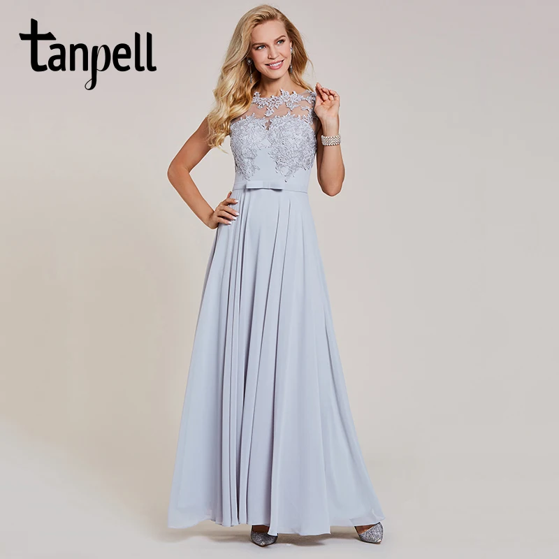 

Tanpell appliques a line evening dress silver bow cap sleeves floor length gown women formal wedding party long evening dresses