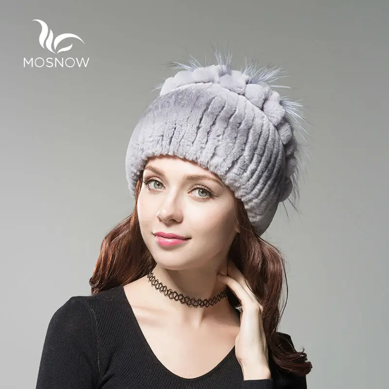 

Fashion Rex Rabbit Fur Winter Hats For Women Flower Top Knitted High Quality Ladies Female Beanies Bonnet Cap Bonnet