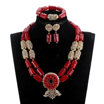 

Fantastic Wine Red African Coral Beads Wedding Jewelry Sets Chunky Bib Real Coral Bridal Necklace Set 2018 PJW187