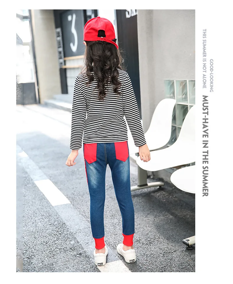 Брюки для девочек От 4 до 12 лет Демисезонный джинсы Лоскутные штаны Повседневное модные красные в полоску с эластичной резинкой на талии