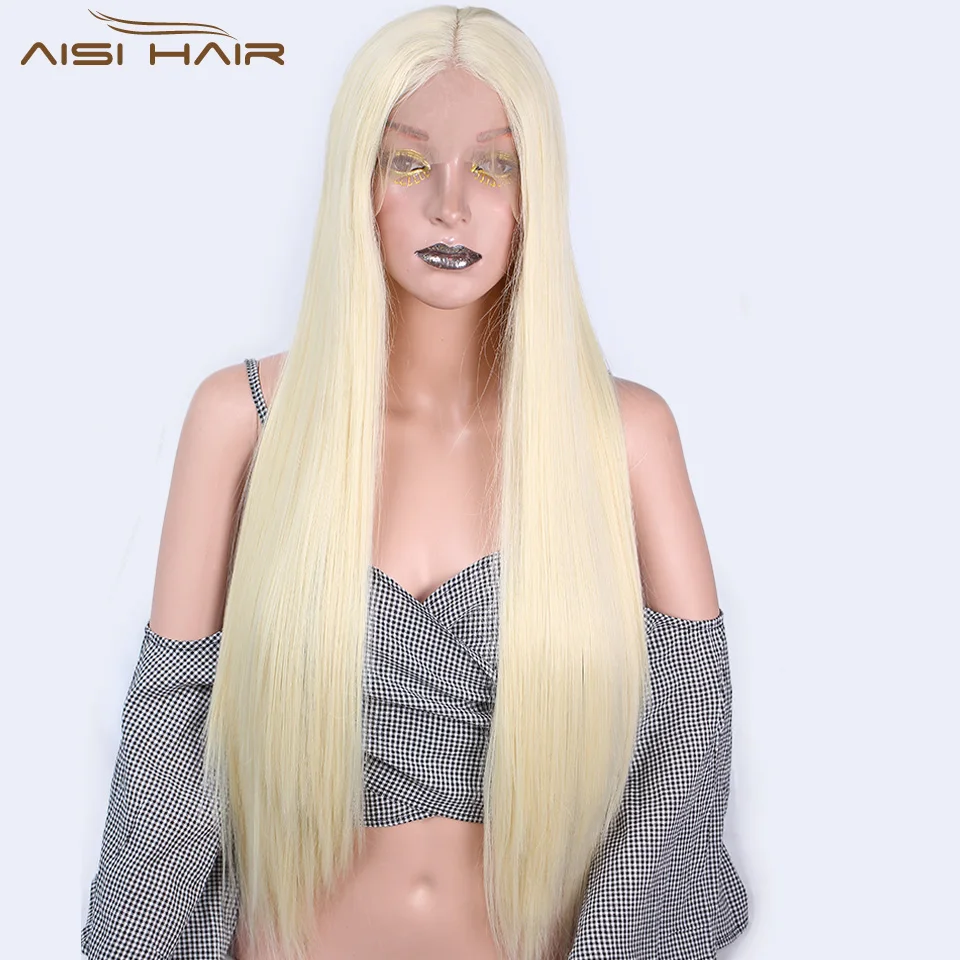 I's a wig Long Synthetic Front Lace Wigs 26 inch Yellow Straight Wig for Women Middle Part 613 Color High Temperature Fiber Hair