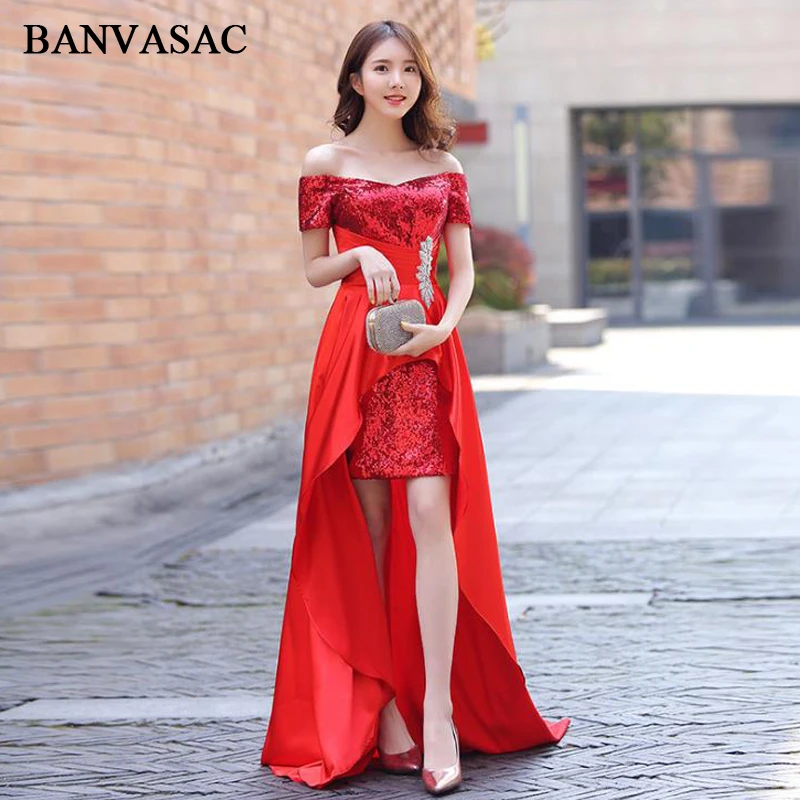 

BANVASAC Sequined Boat Neck 2018 Crystal High Low Long Evening Dresses Party Pleat Sweep Train Backless Prom Gowns