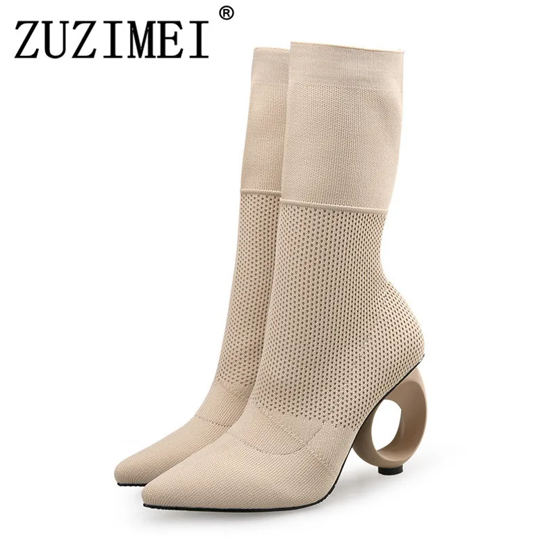 

Fashion Ankle Elastic Sock Boots Chunky High Heels Stretch Women Autumn Sexy Booties Pointed Toe Women Pump Size 35-40