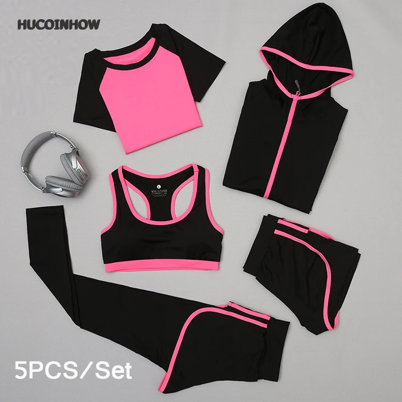 

HUCOINHOW Yoga Clothes Female 5Pcs/set Sports Outdoor Suit Women Running Clothing Fitness Suit Sport Kit Women's Tracksuit