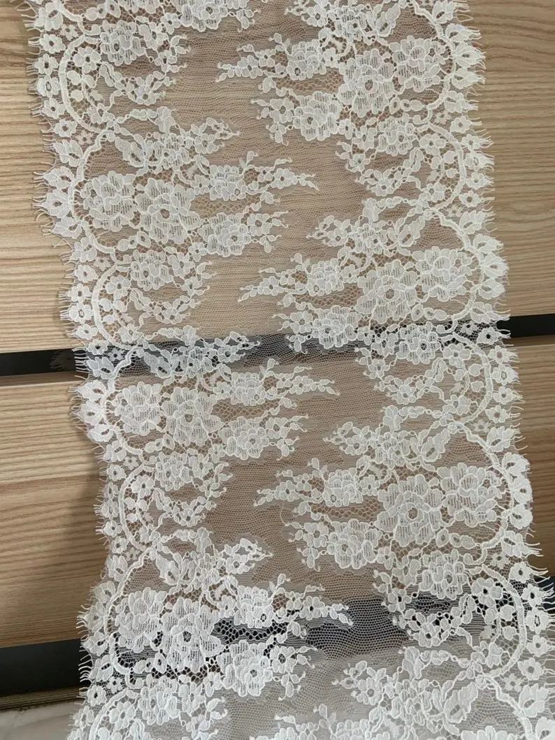 

3 yards off white chantilly lace trim, double motif lace trim with eyelash fringe 26cm