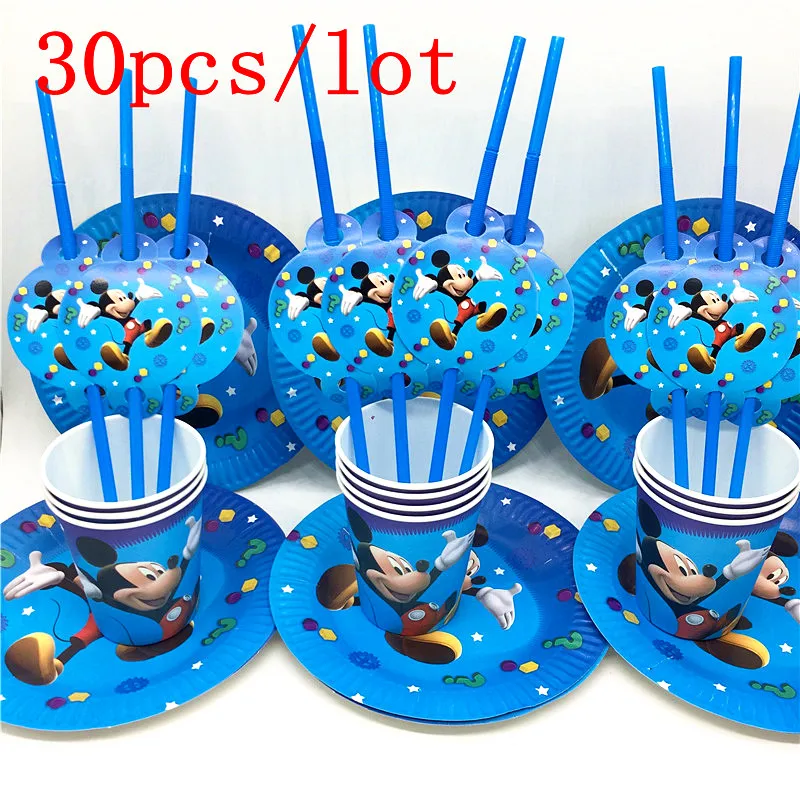 

30PCSDisney Mickey Mouse Paper Plates Cups Kids Favors Glass Happy Birthday Party Cartoon Decoration Straws Supplies