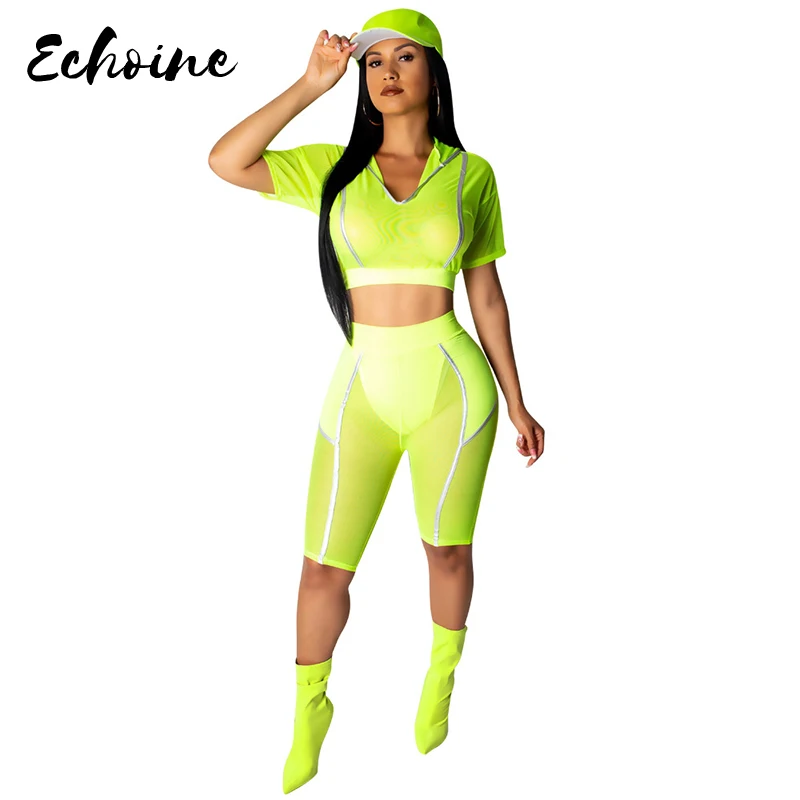 

Echoine Fluorescent Yellow Summer Mesh See Through Hooded Crop Top Knee Length Pants 2 Pieces Set Women Casual Tracksuits