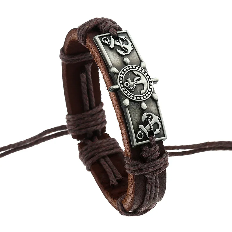 

Fashion Handmade Vintage Female Femme Homme Male Men Anchor Rudder Peace Feather Charm Leather Bracelet For Women Jewelry