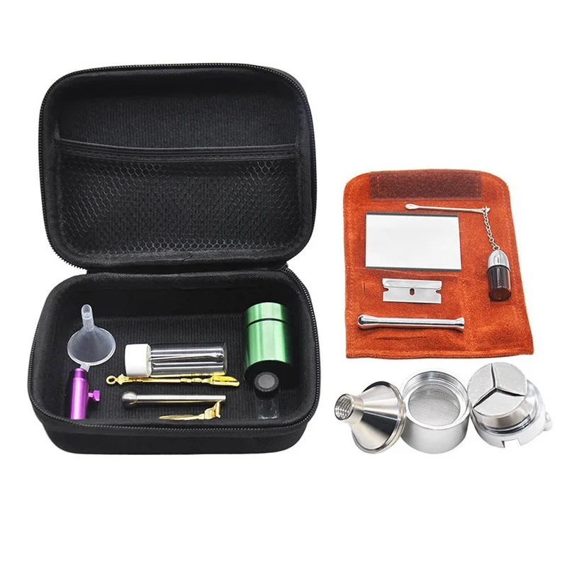 

12pcs Set PU Leather Pouch Glass Pill Bottle Aluminum Tobacco Stash Jar Metal Spice Grinder Metal Snuff Snorter Spoon