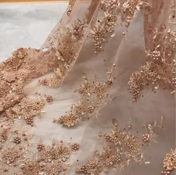 

5meter/lot 2017 High Quality 3 Colors Nigerian Flower Bead 1.4M Lace Fabric For Wedding Dresses Fabrics Clothing