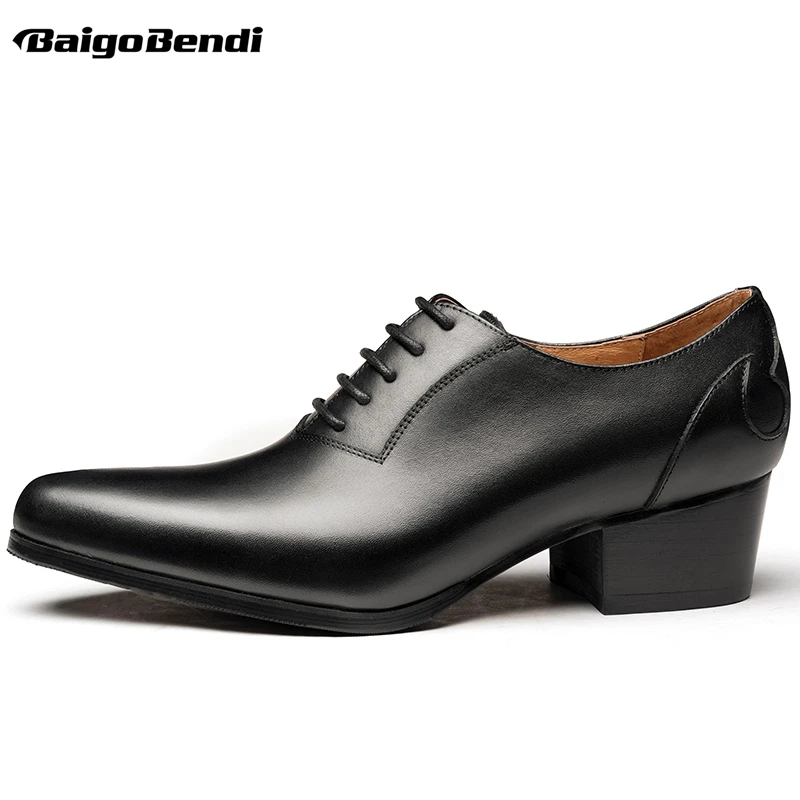 British Style Men Lace Up Dress Shoes Lace Up Pointed Toe Thick Heel Shoes Man Trendy Wedding Heels 5 cm US 37-44