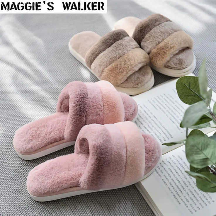 

Maggie's Walker Women Fashion Faux Hair Slippers Candy-Colored Flat-heeled Plush Winter and Autumn Slippers Size 37~44