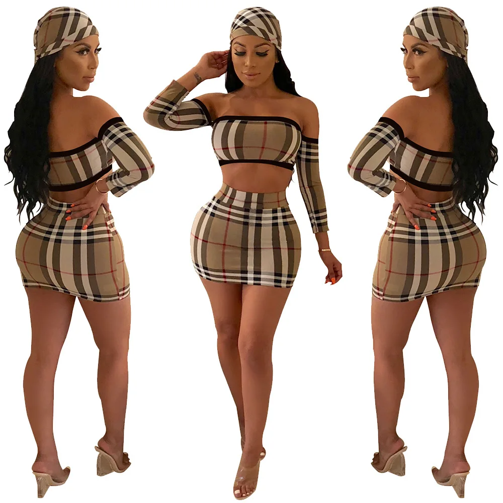 

Summer 2018 hot style, stylish classic plaid, sexy strapless top, skirt, suit, including headscarf