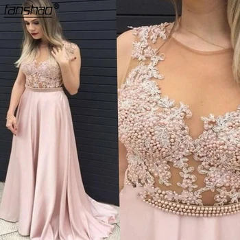 

Sexy Graceful Pink Long Evening Dresses Prom Dresses Zipper Back Sheer Neck Beaded Formal Evening Gowns Special Occasion Dresses