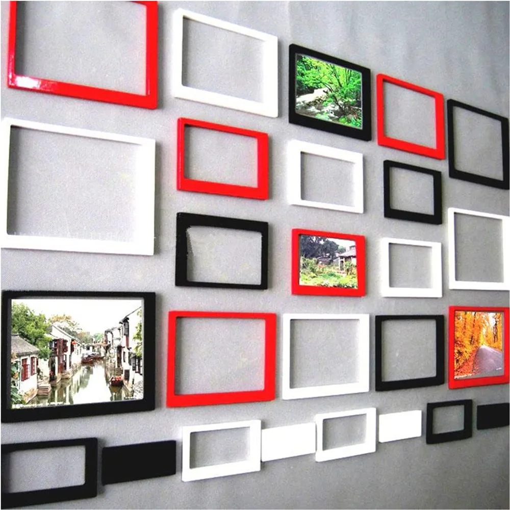 RAYUAN 5 قطعة مجموعة القابل للإزالة 3D DIY الخشب الجدار ملصق إطار صور المعيشة غرفة نوم ديكور المنزل الأسود الأحمر الأبيض